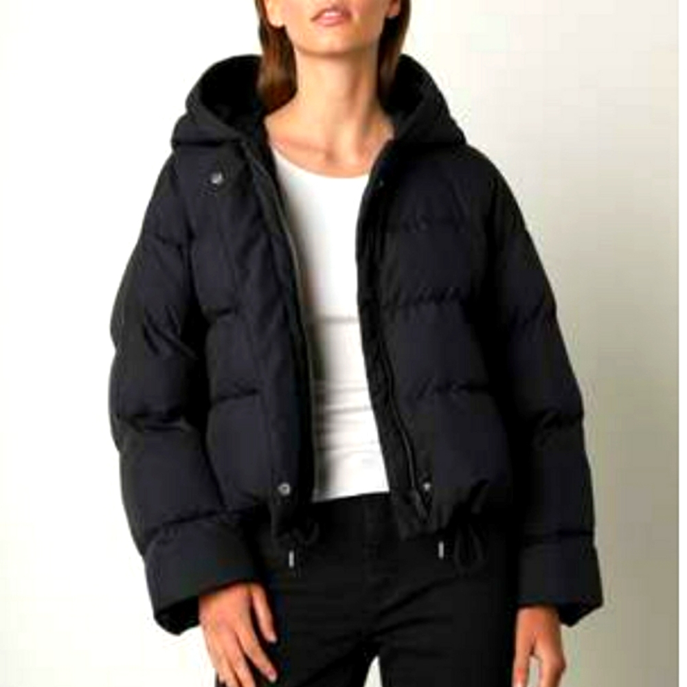 VELVET by Graham and Spencer Raylin Crop Puffer Jacket Black Tie Cinch waist